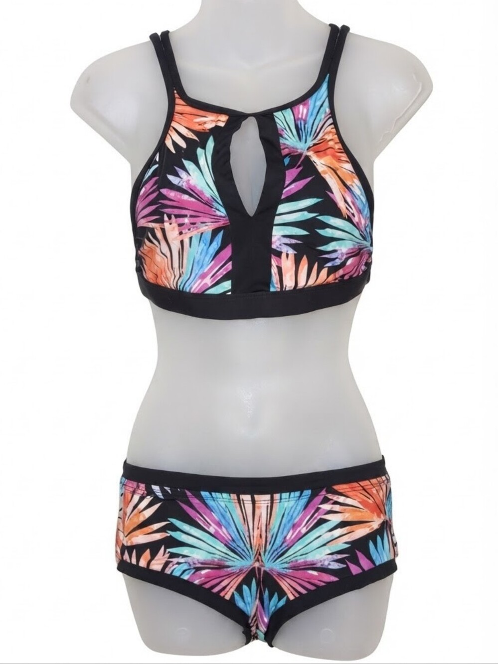 Skye Black Tropical Print High Neck 2pc Bikini Set Multicolor Palms Boyshorts L